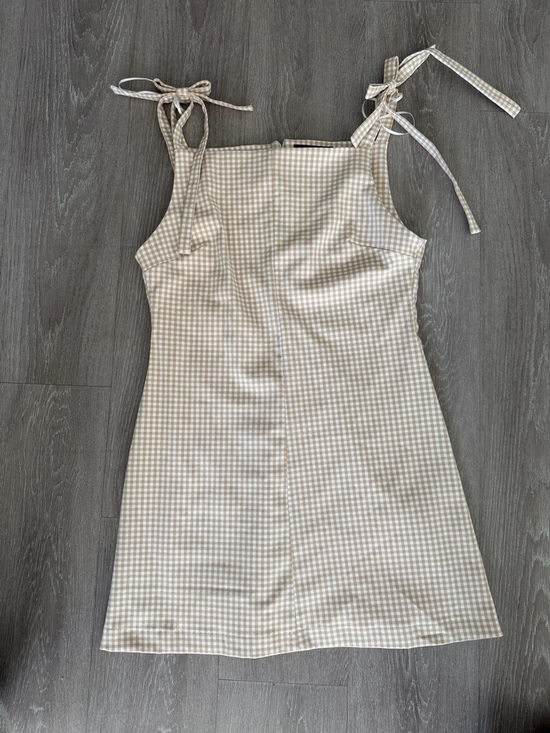 Zara Dresses & Skirts - Zara Beige Gingham Tie-Shoulder Mini Dress